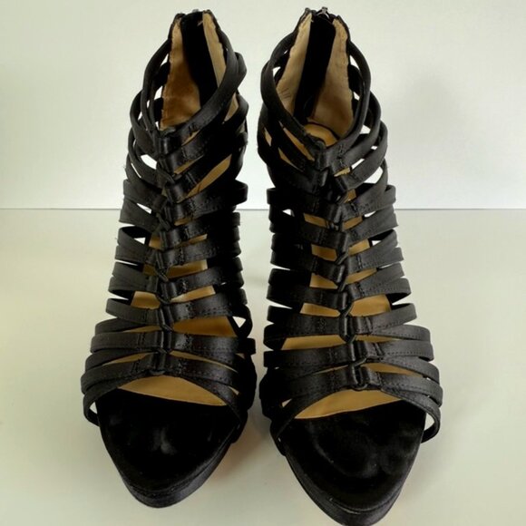 BCBGMAXAZRIA Black Satin Strappy Sandals, Women's size 8, Excellent Condition! - Picture 1 of 11